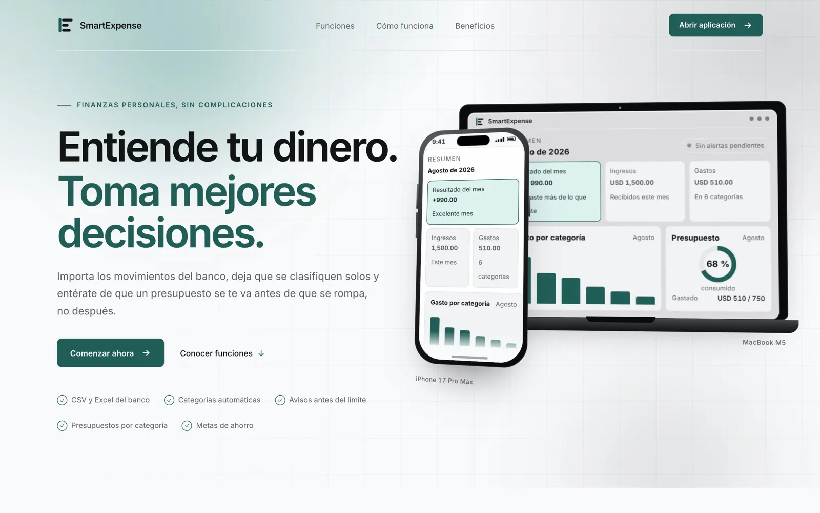 Sitio web de SmartExpense, producto propio · finanzas personales, en Panamá